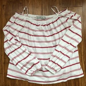 White off the shoulder top with straps red stripes
